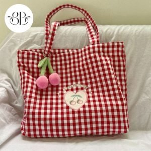 Túi vải tote màu đỏ in hình cherry